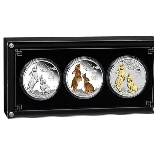 Australia 2023 $1 Year of the Rabbit 1 oz Silver Trio 3 x 1oz 99.99% Silver Gilded, Coloured and Proof Coins - Lunar Series III - Perth Mint