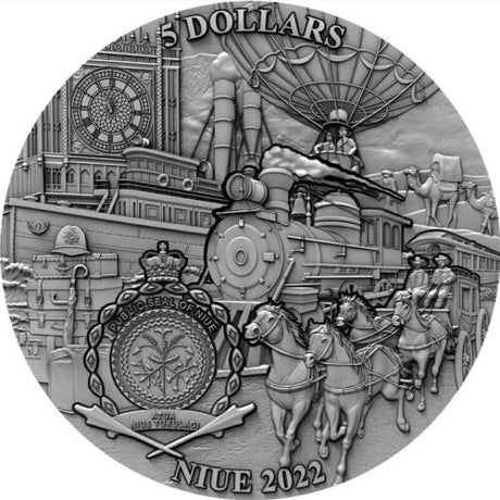 Niue 2022 $5 150th Anniversary Around the World in 80 Days 3 Oz Silver Antiqued Coin