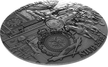 Niue 2022 $5 150th Anniversary Around the World in 80 Days 3 Oz Silver Antiqued Coin