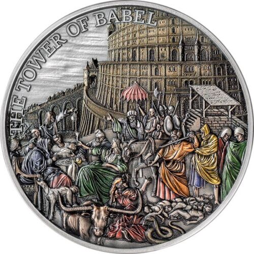 Tokelau 2022 $10 Tower of Babel Fundamental Stories of the Bible 5 Oz Antique Silver Coin 299 Mintage