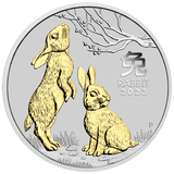 Australia 2023 $1 Year of the Rabbit 1 oz Silver Trio 3 x 1oz 99.99% Silver Gilded, Coloured and Proof Coins - Lunar Series III - Perth Mint
