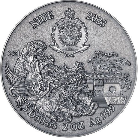 Niue 2023 $5 Shaolin Dragon Kung Fu Martial Art Styles 2 Oz Antique Silver Coin 500 Made