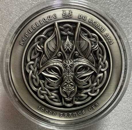 Republique du Tchad 2021 10000 Francs Binding of Fenrir 2 Oz Antiqed Silver 11.5 oz Copper Coin