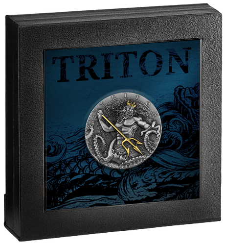 Niue Island 2022 $5 Triton 2 Oz Antiqued Silver Coin Selectively Gold Plated